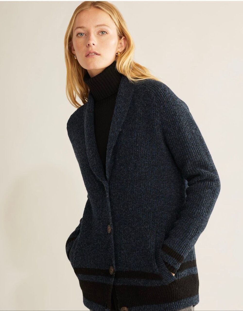 Pendleton woman’s M 100% shetland wool blue black stripe button cardigan pockets